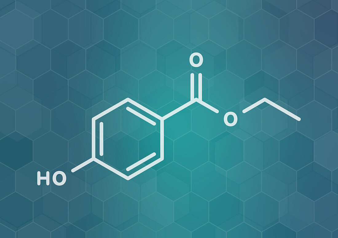 Ethyl paraben preservative molecule, illustration