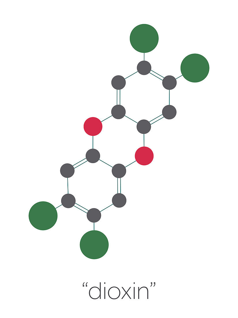 TCDD polychlorinated dibenzodioxin molecule, illustration