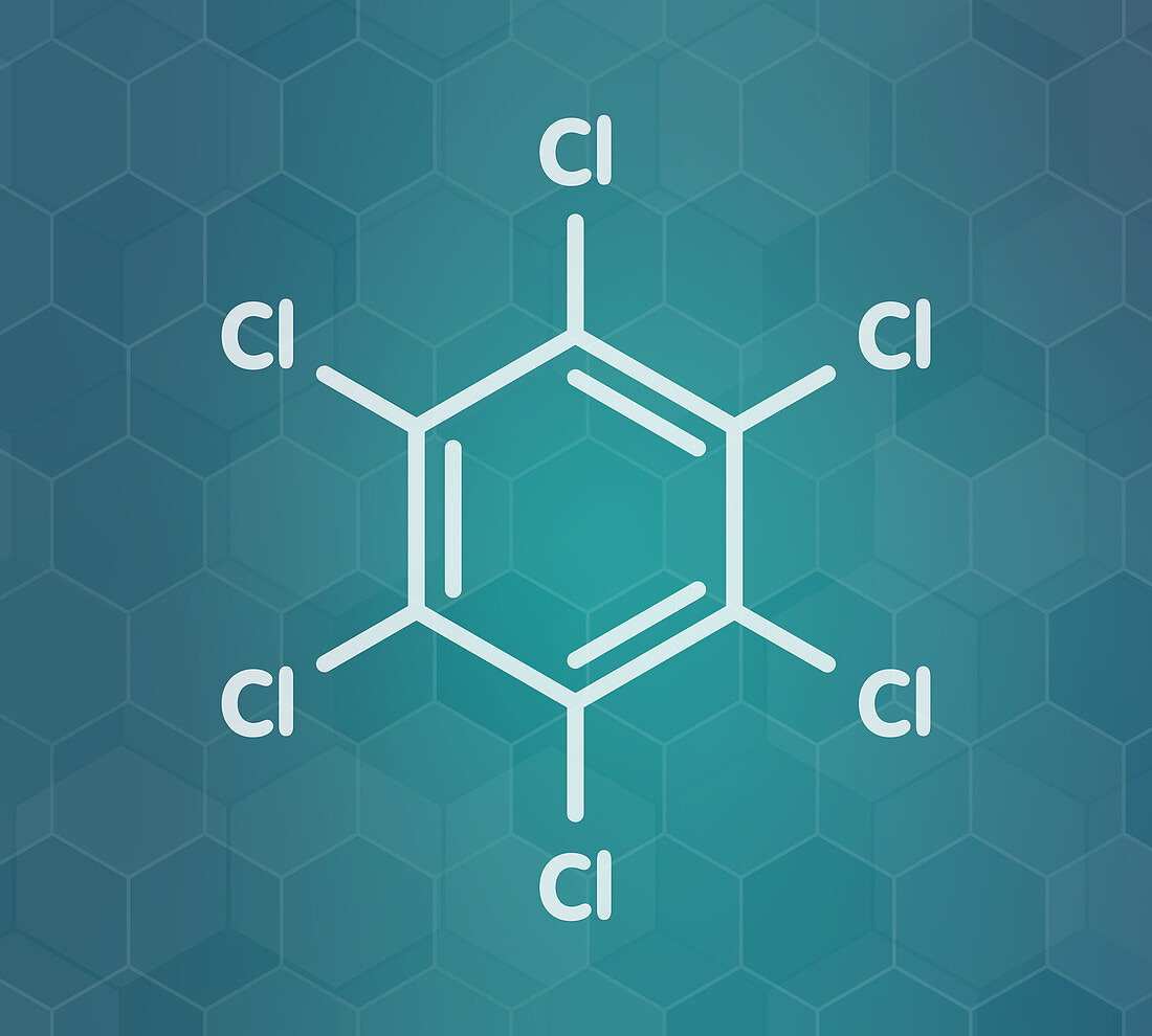 Hexachlorobenzene banned fungicide molecule, illustration