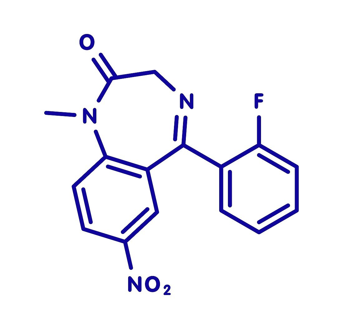 Flunitrazepam hypnotic drug molecule, illustration