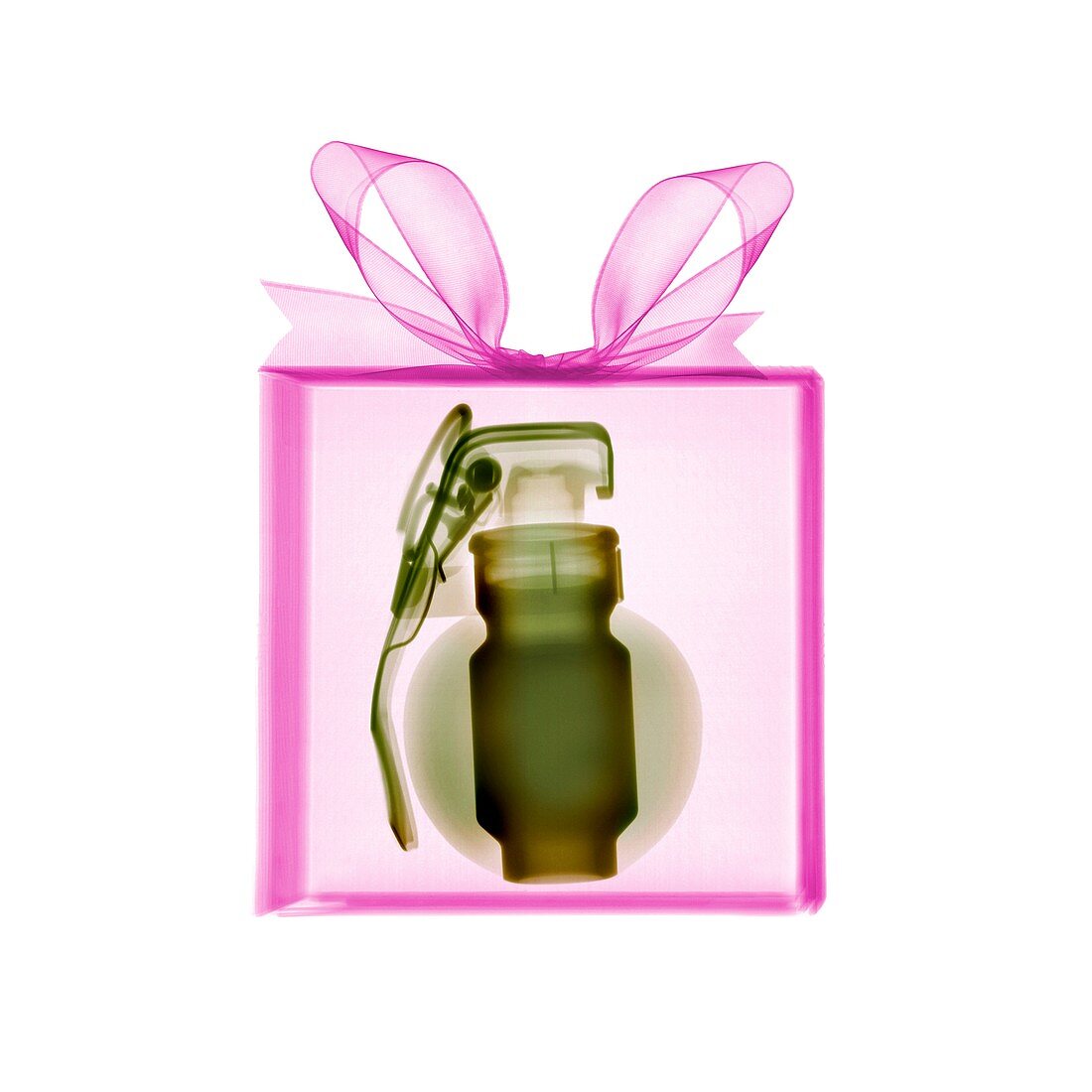 Gift wrapped present containing grenade, X-ray