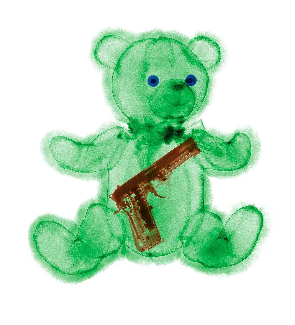 Gun inside teddy bear, X-ray
