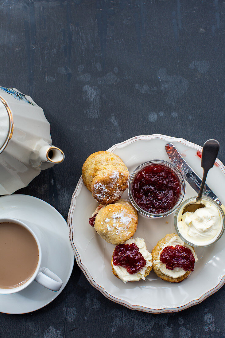 Scones with jam and clotted cream for tea
