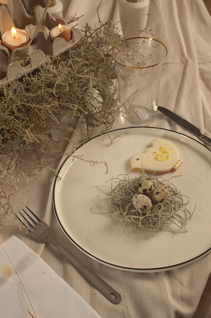 Biscuit and quail's egg in nest on plate on Easter table