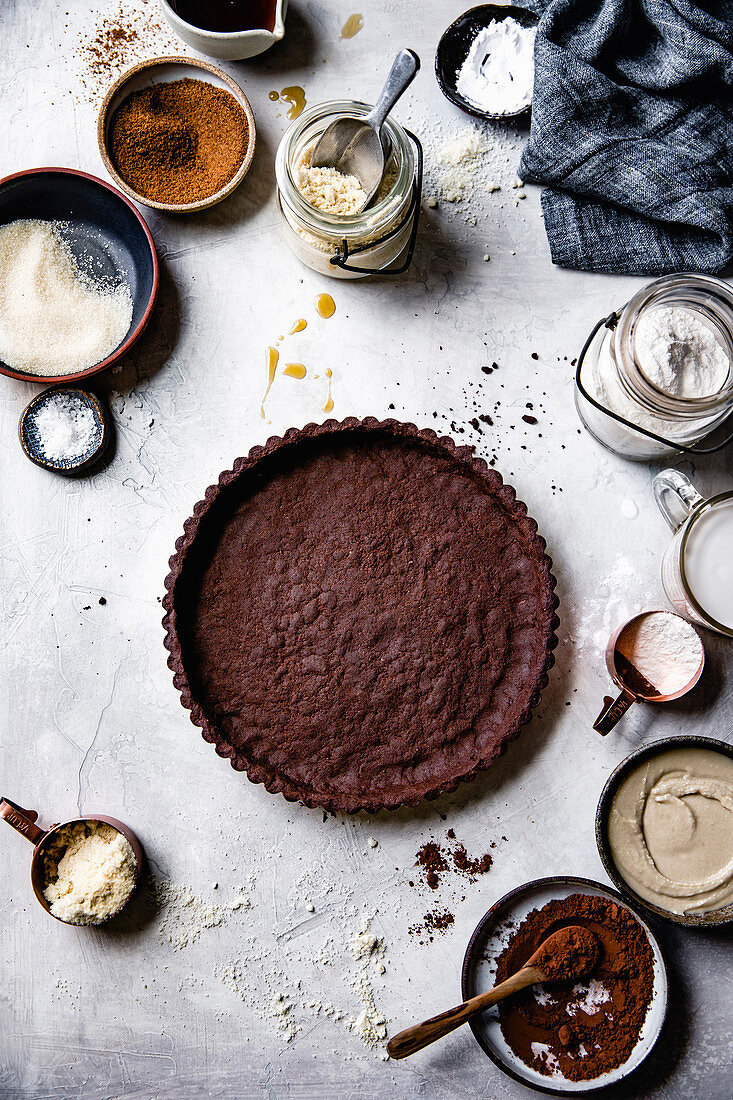 Chocolate tart crust with ingredients.