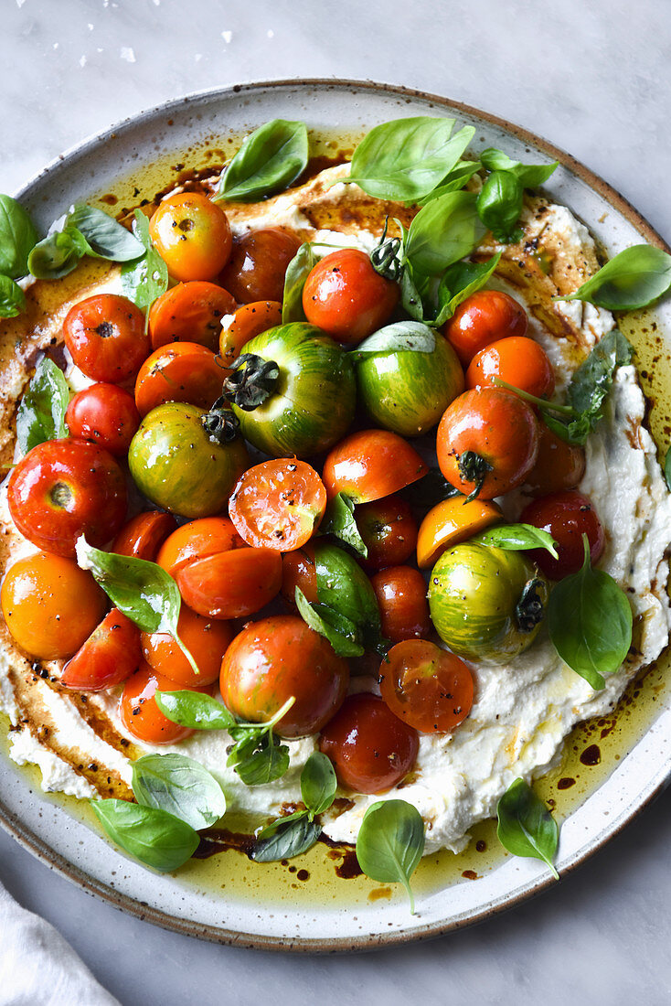 Tomatensalat mit roten und grünen Heirloom-Tomaten auf Ricotta