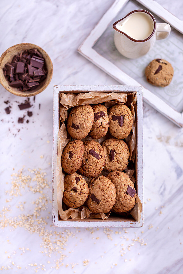 Oats chocolate chip cookies in a white wooden box