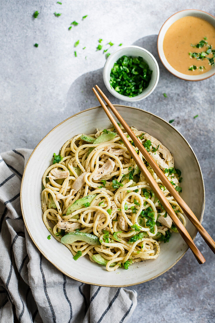 Asian chicken with cucumber and noodles
