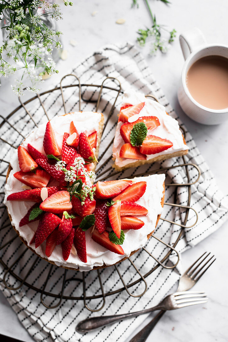 Biskuitkuchen mit Joghurtcreme und Erdbeeren