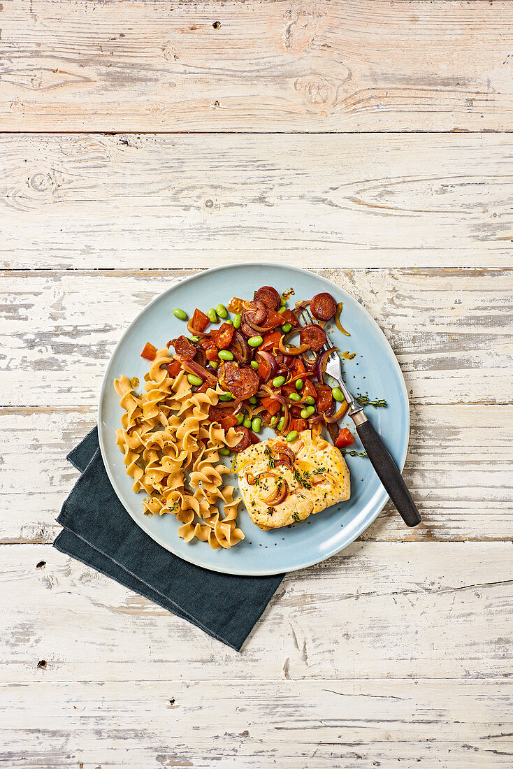 Chorizo Seared Cod with Pasta