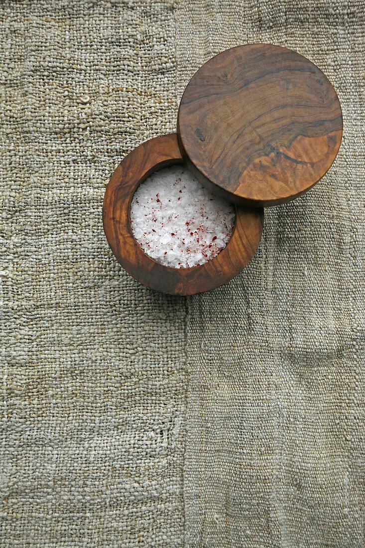 Chili sea salt in a wood container