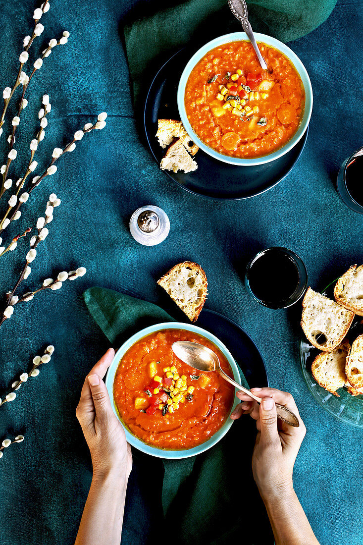 Zesty red lentil tomato soup