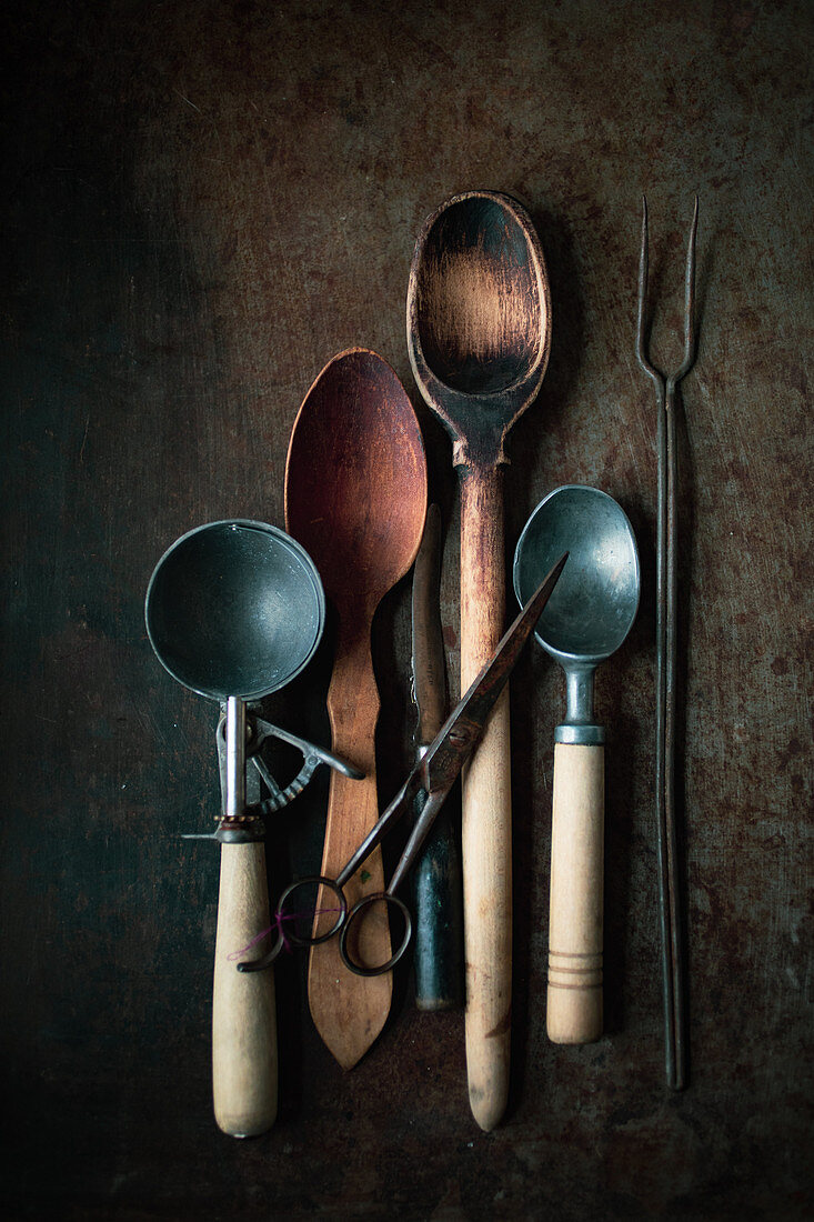 Various vintage kitchen utensils