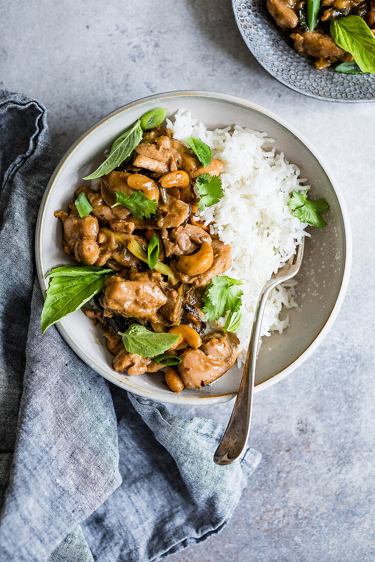 Chicken and cashew stir fry with rice.