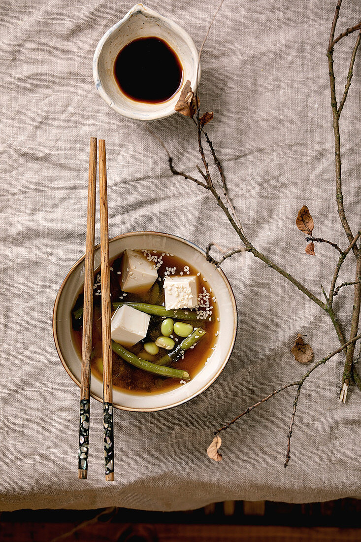 Miso soup with tofu, edamame and green beans (Japan)