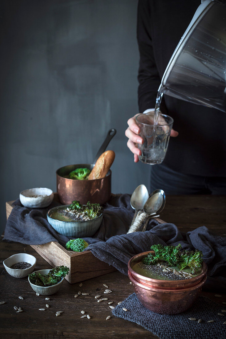 Brocolli soup in a rustic kitchen