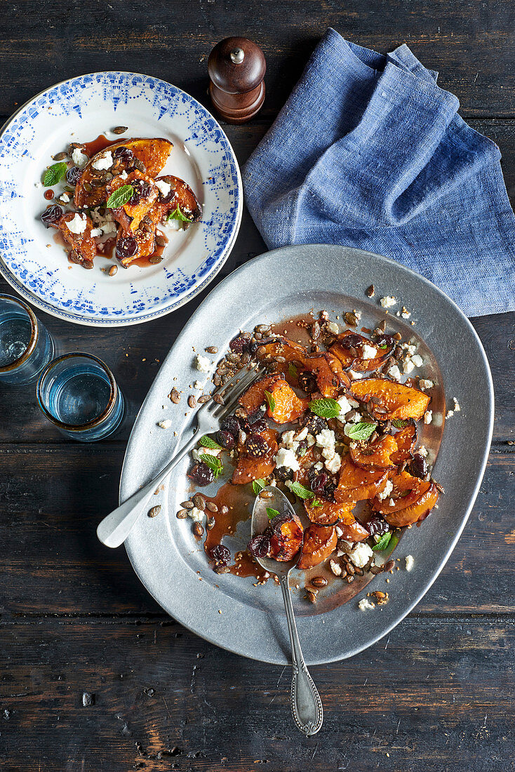 Roasted Pumpkin wedges with sour cherries, feta and mint leaves
