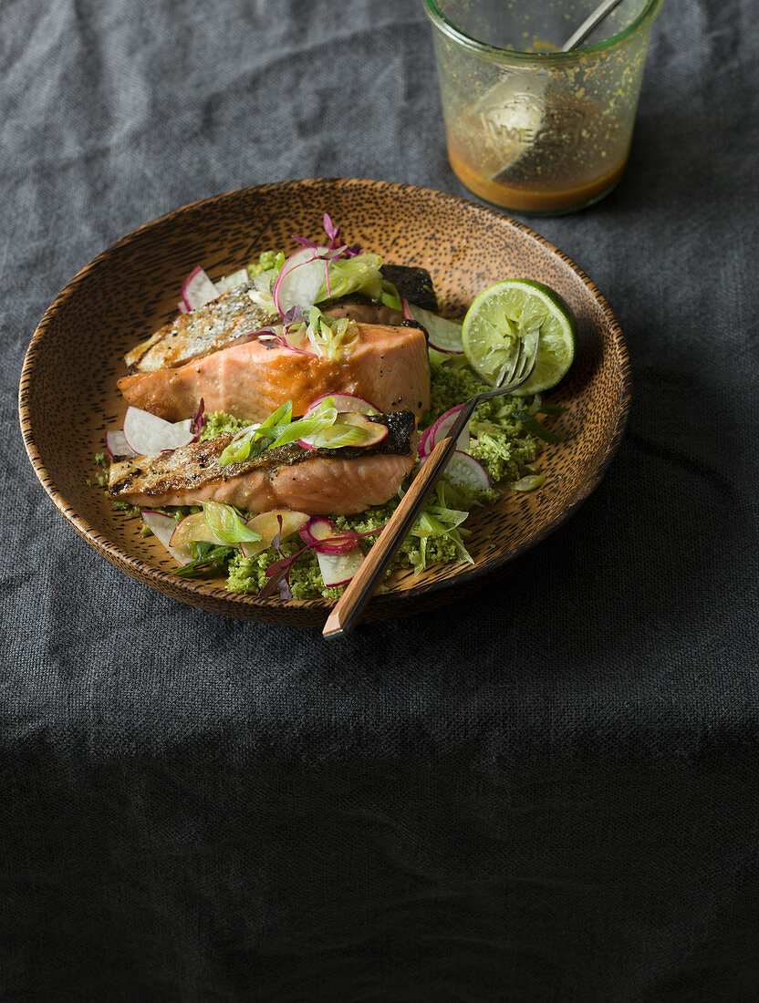 Salmon with spicy miso dressing and broccoli rice