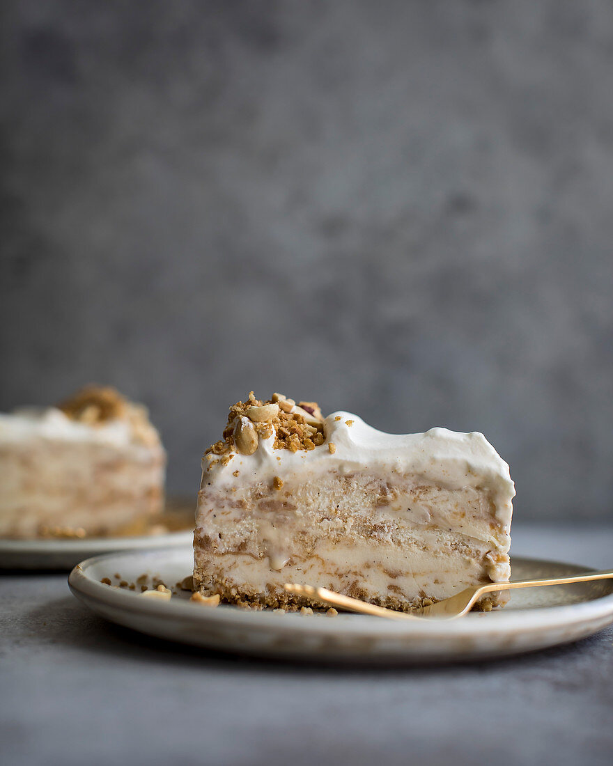 Vanilla streusel ice cream cake on a plate.