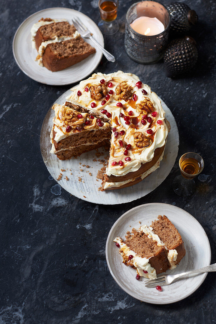 Wintry walnut cake with pomegranate seeds