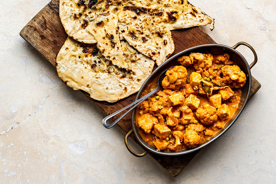 Matar Paneer with Cauliflower and Butter Naan