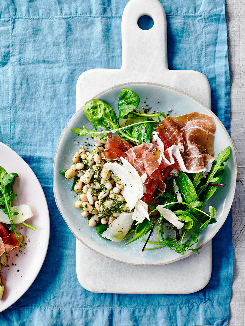 Pesto beans with Parma ham and Parmesan