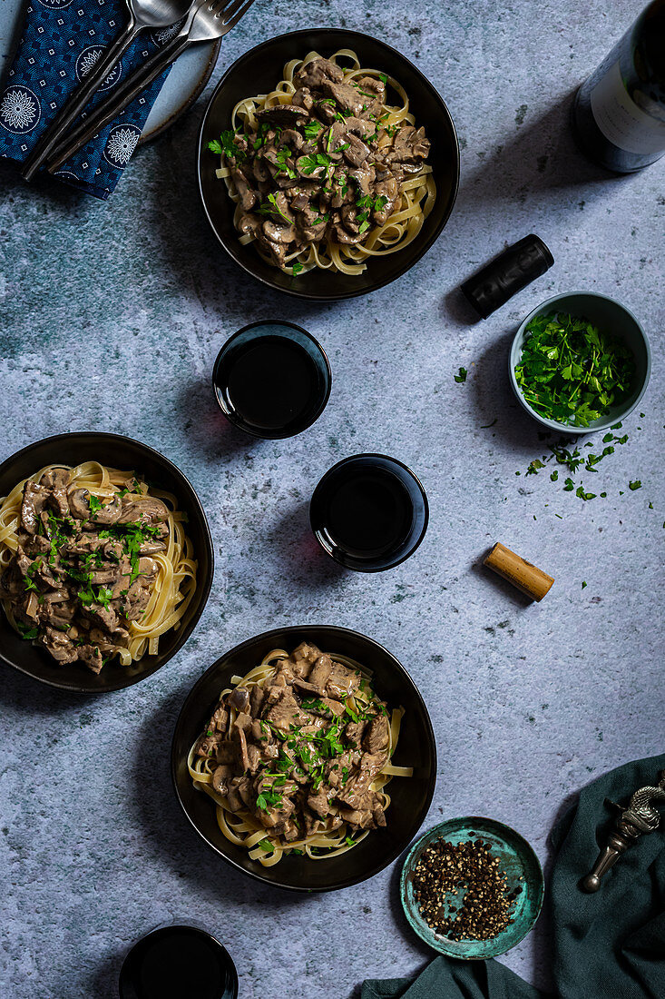 Ostrich and Mushroom Stroganoff with Cabernet Sauvignon