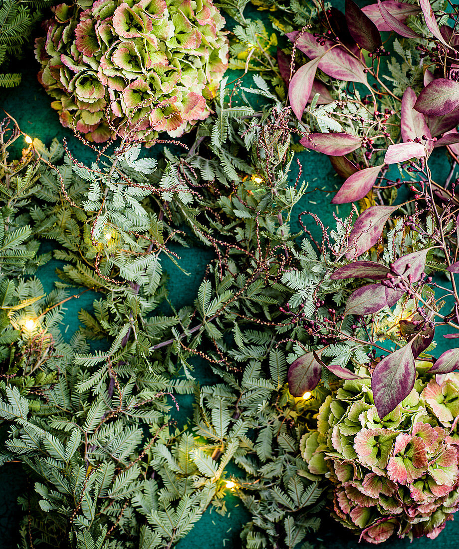 Still life with hydrangea flowers and fairy lights