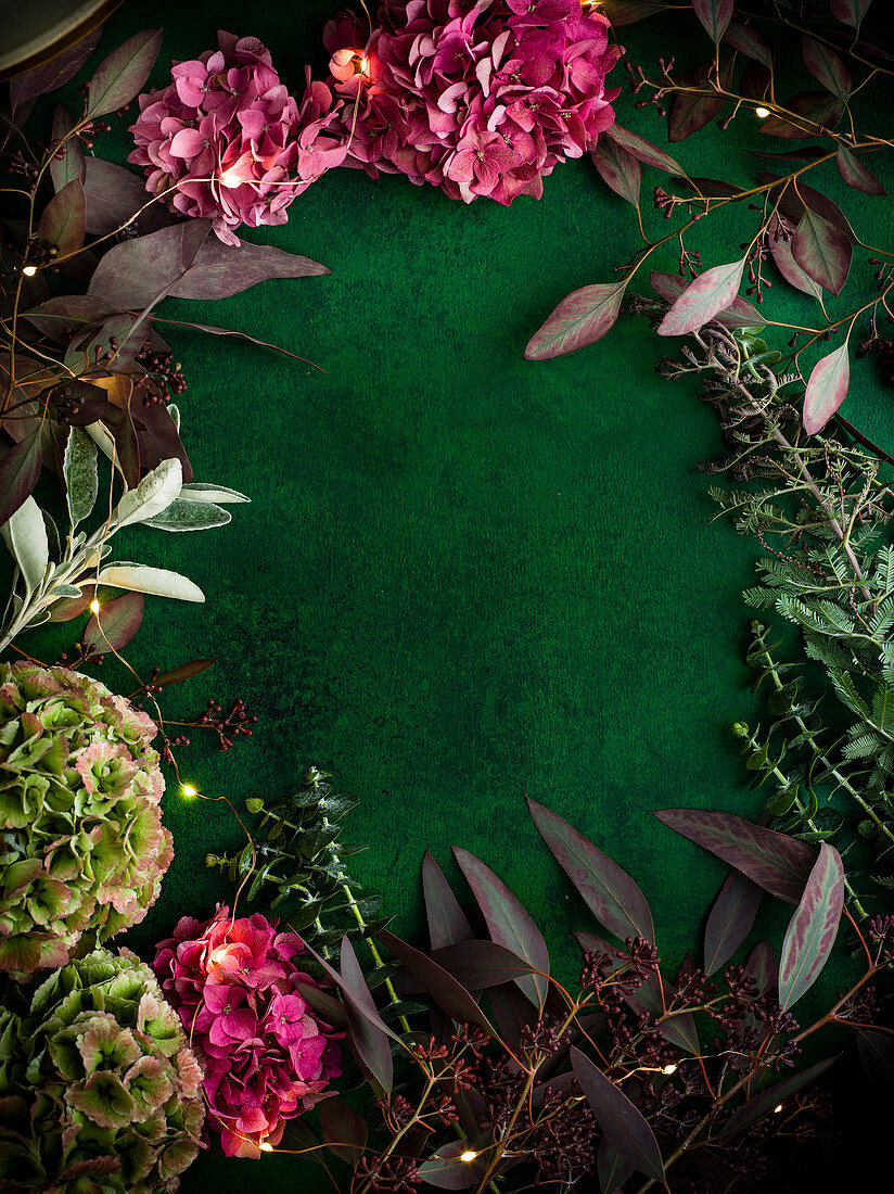 Still life with hydrangea flowers and fairy lights