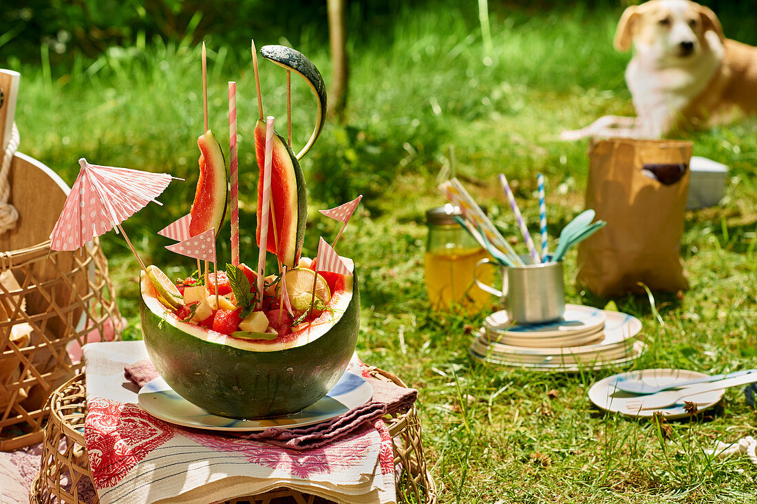 A decorative fruit ‘ship’ for a picnic