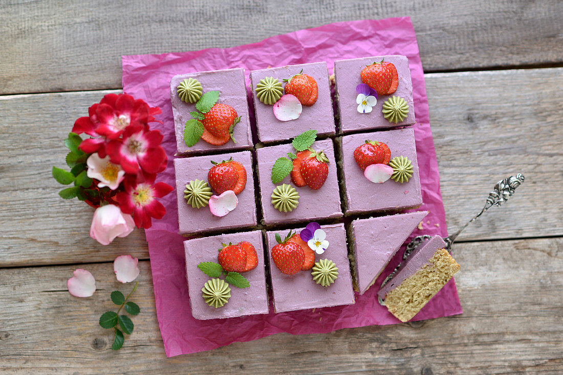 Vegan orange cake with strawberry cashew quark buttercream