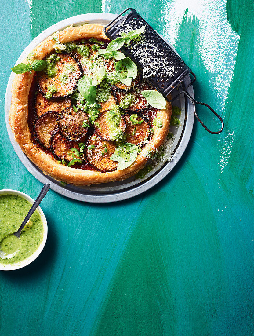 Roasted eggplant tart with chilli and basil