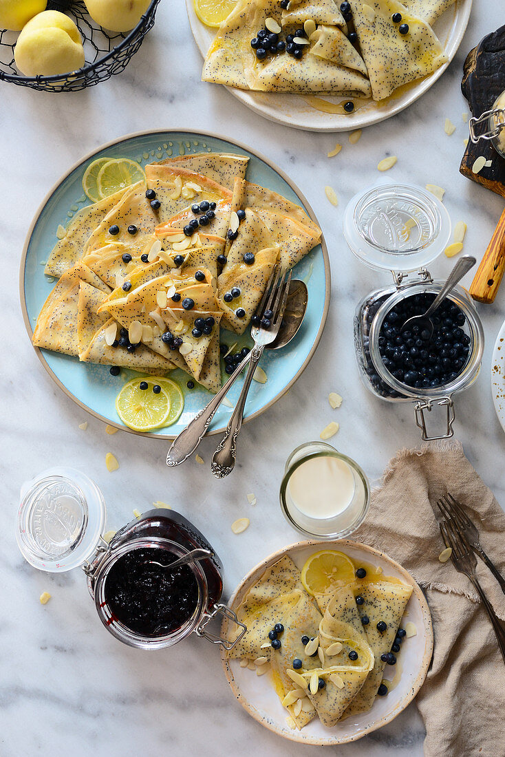 Pancakes with blueberries lemon and poppy seeds