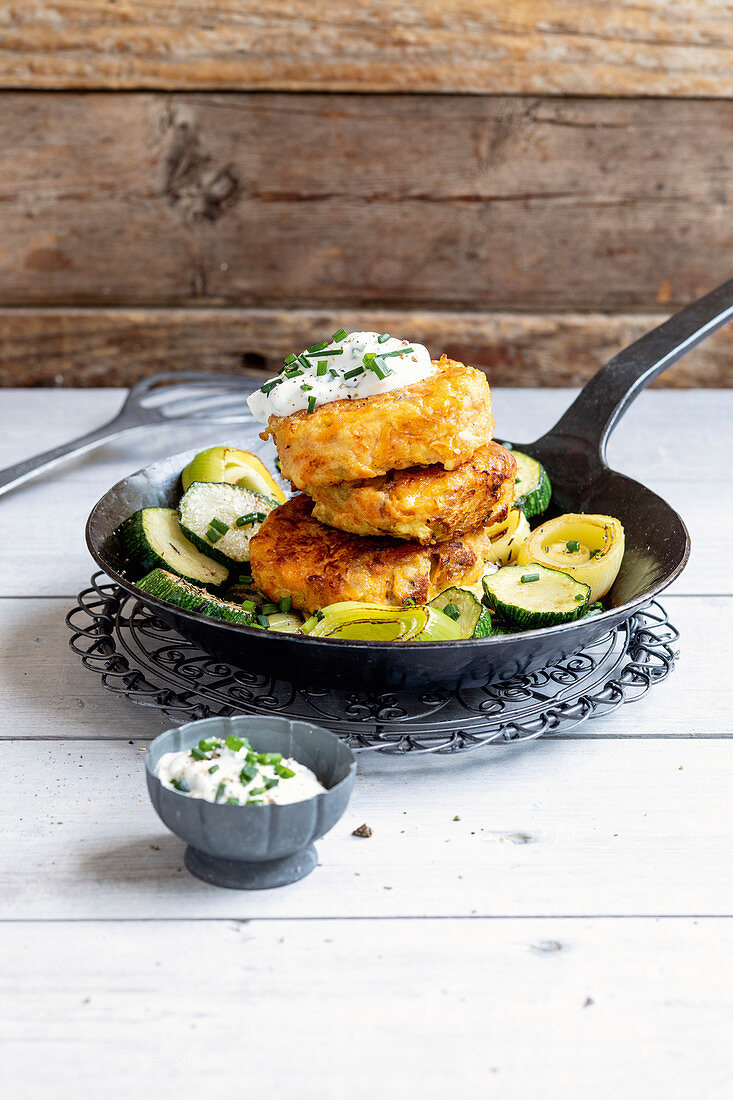 Pumpkin fritters with a leek medley