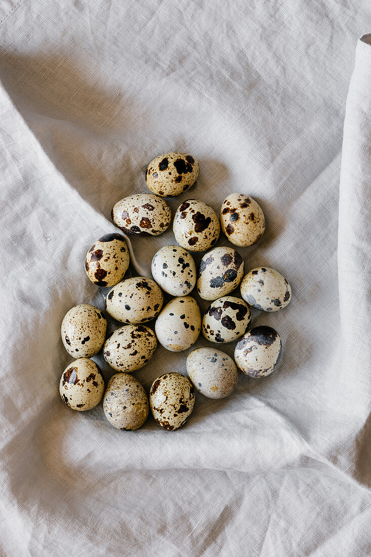 Quail eggs on linen background