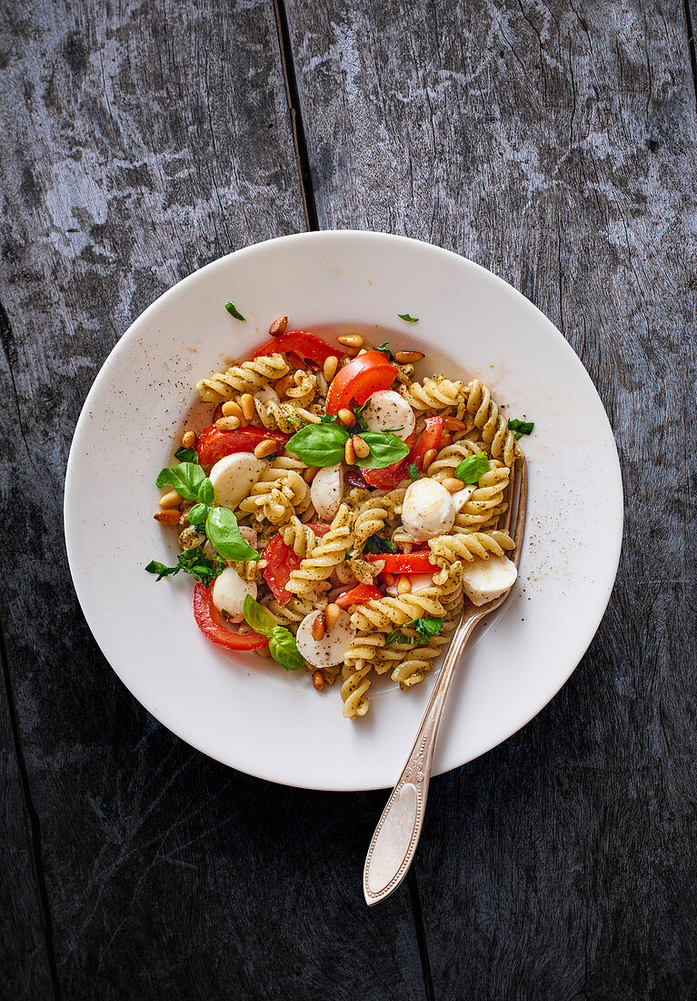 Fusilli with tomatoes, mozzarella and basil pesto