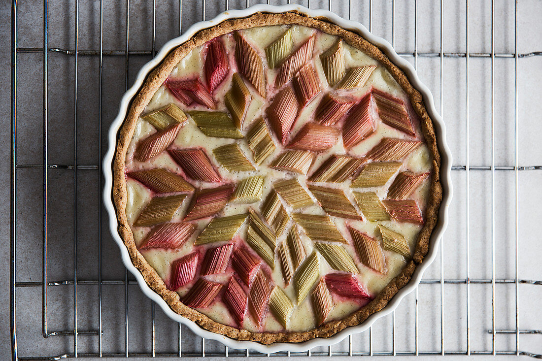 Rhubarb cake on a wire rack