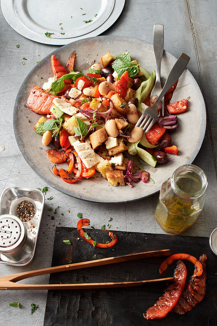 Greek salad with beans and grilled watermelon