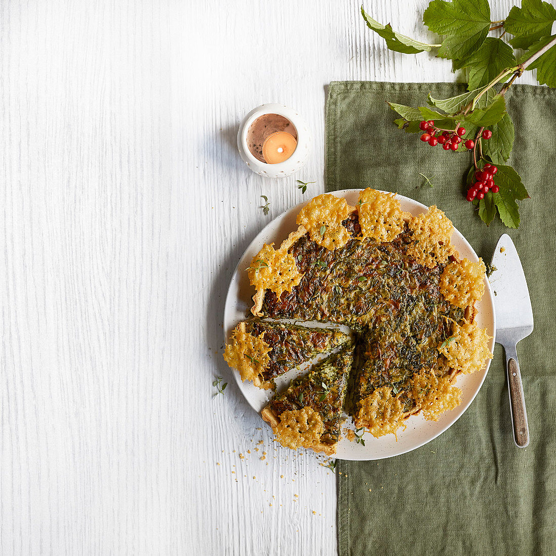 Spinach madeleine tart with cheesy pastry