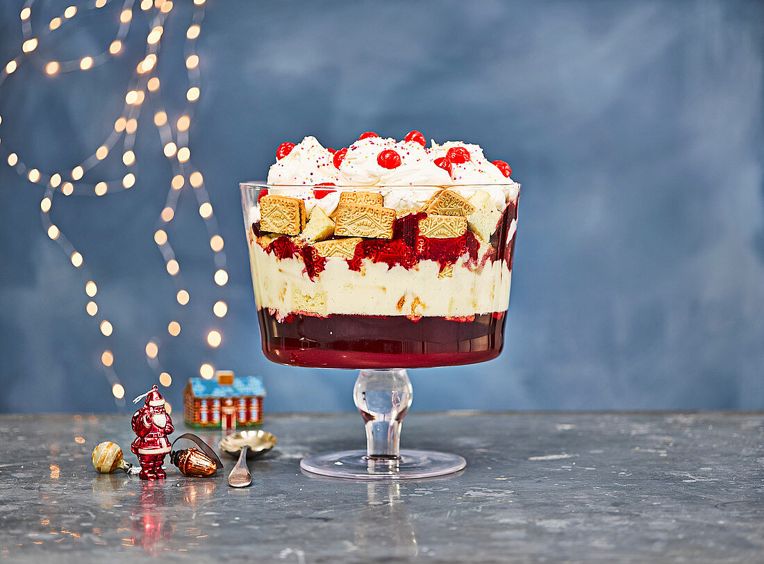 Christmas retro trifle with raspberry jelly and custard
