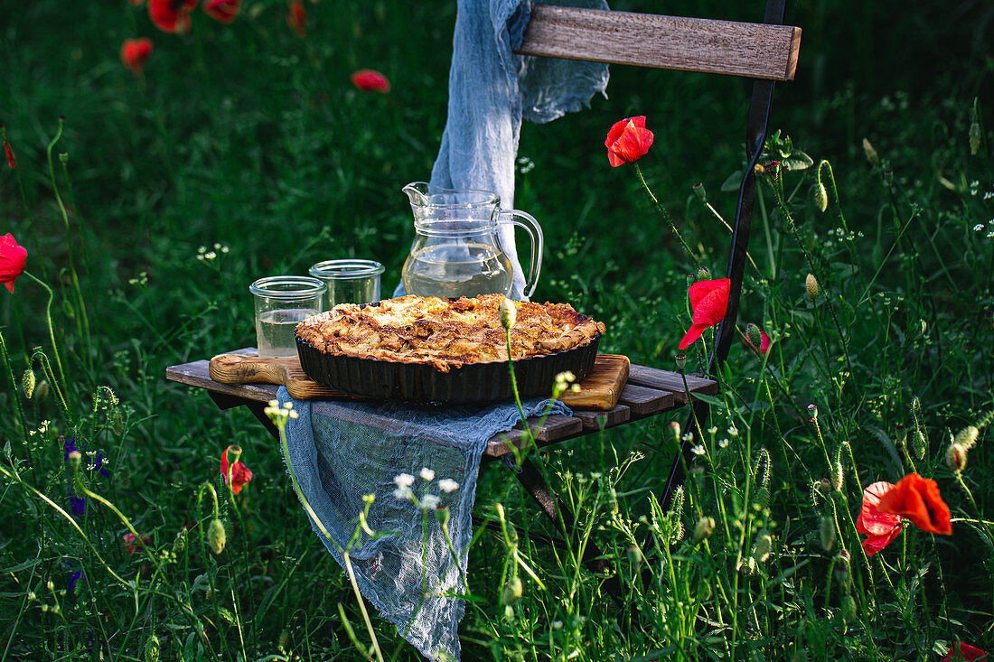 Rhabarberkuchen auf Gartenstuhl auf Mohnblumenwiese
