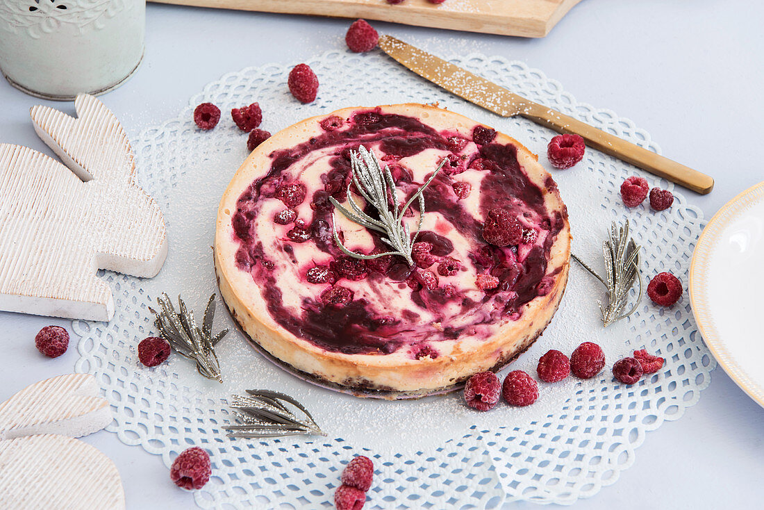 Baked New York cheesecake with raspberries for Easter