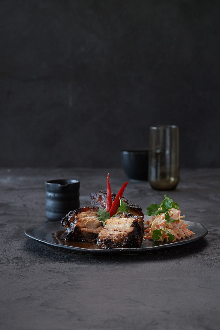 Grilled pork belly with a ginger and soya glaze