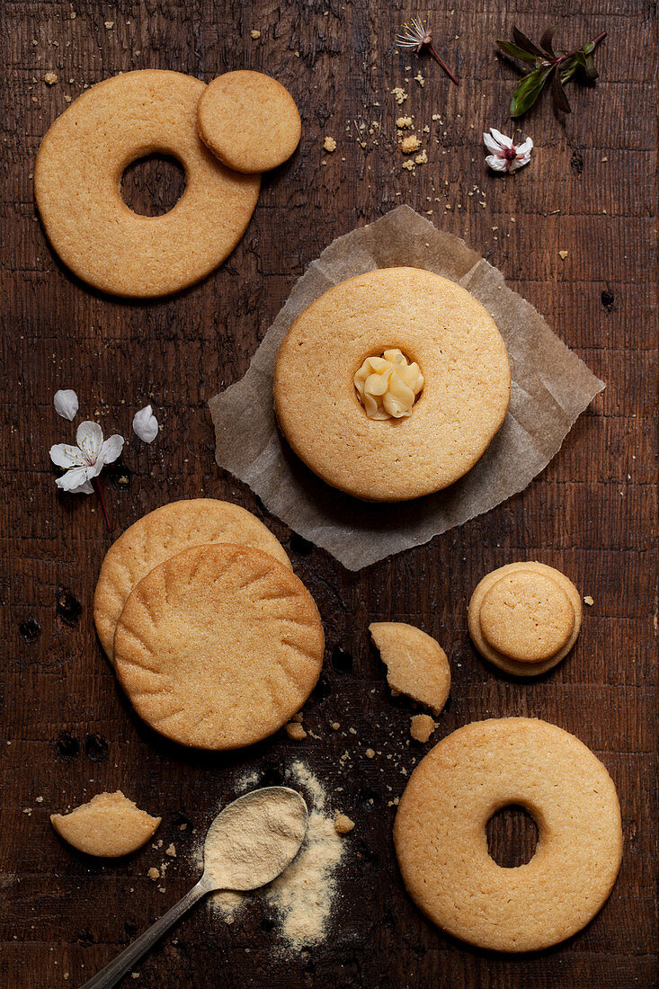 Homemade malted milk biscuits on a wooden board