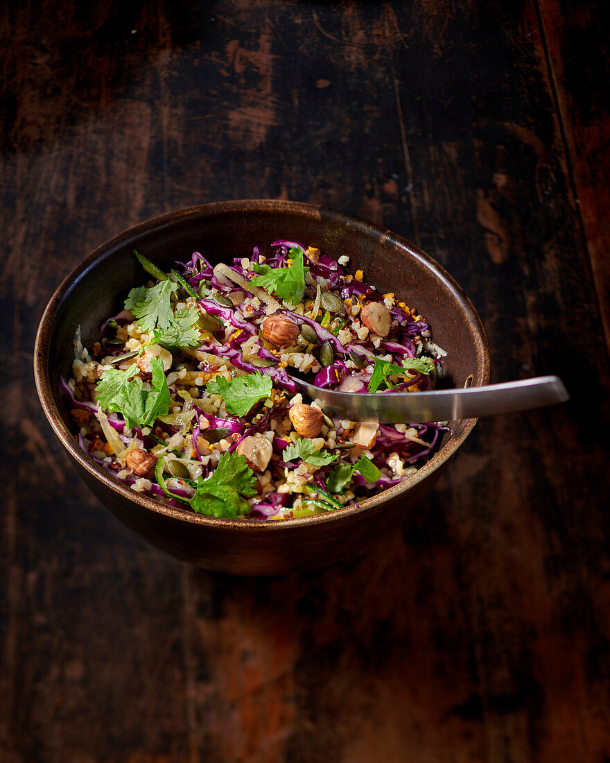 Red cabbage and quinoa salad with hazelnuts and coriander