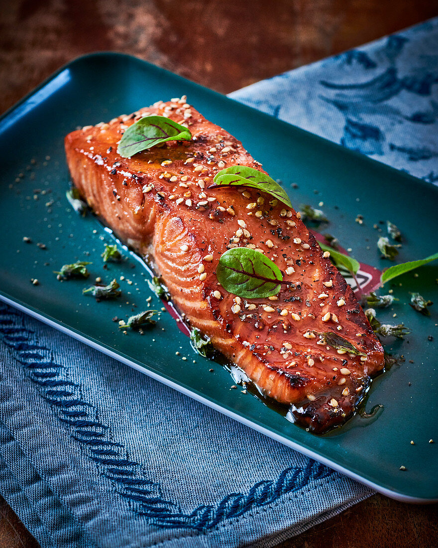 Sesame seed and soya salmon with beetroot leaves