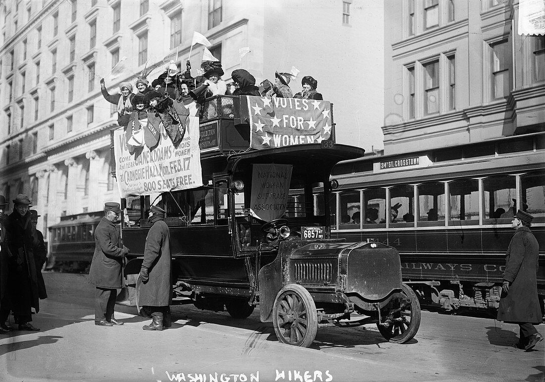 Suffragettes on bus to Washington DC, USA, 1913