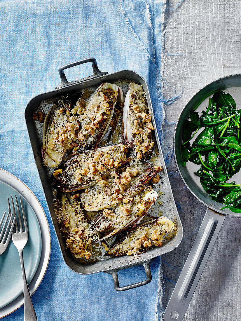 Roasted chicory with mustard and walnuts