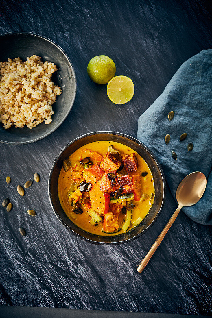 Vegan vegetable and coconut curry with sticky tofu