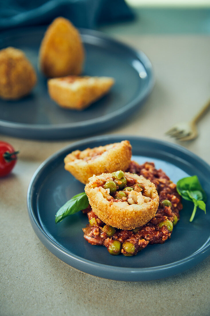 Sicilian-style vegan arancini with plant-based meat substitute